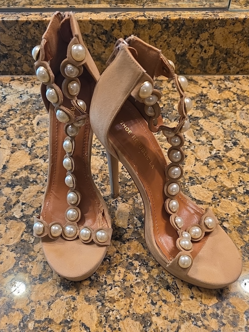 Shoe Republic LA Pearl-Embellished Nude High Heel Sandals